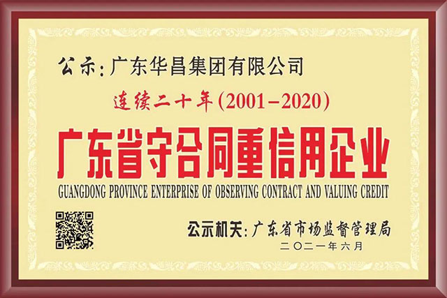 華昌連續(xù)20年獲“廣東省守合同 重信用企業(yè)”榮譽稱號